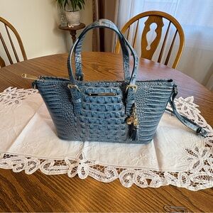 Brahmin Blue Croc-Embossed Leather Shoulder Tote